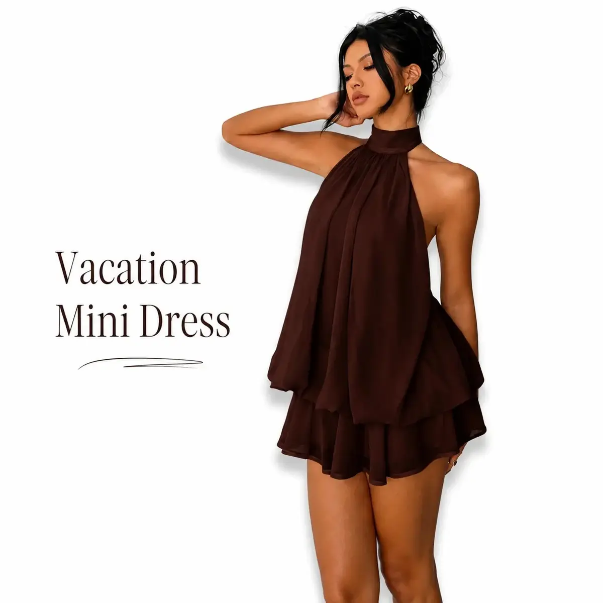Women’s Halter Neck Chiffon Mini Dress, Tie Back Open Back Layered Ruffle Flowy Vacation Dress, Sleeveless Summer Beach Resort Party Dress Formal Womenswear