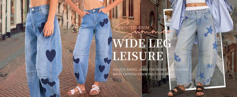 CHARTOU Y2k Barrel Jeans Women Wide Leg Baggy Distressed Printed Boyfriend Horseshoe Denim Pants