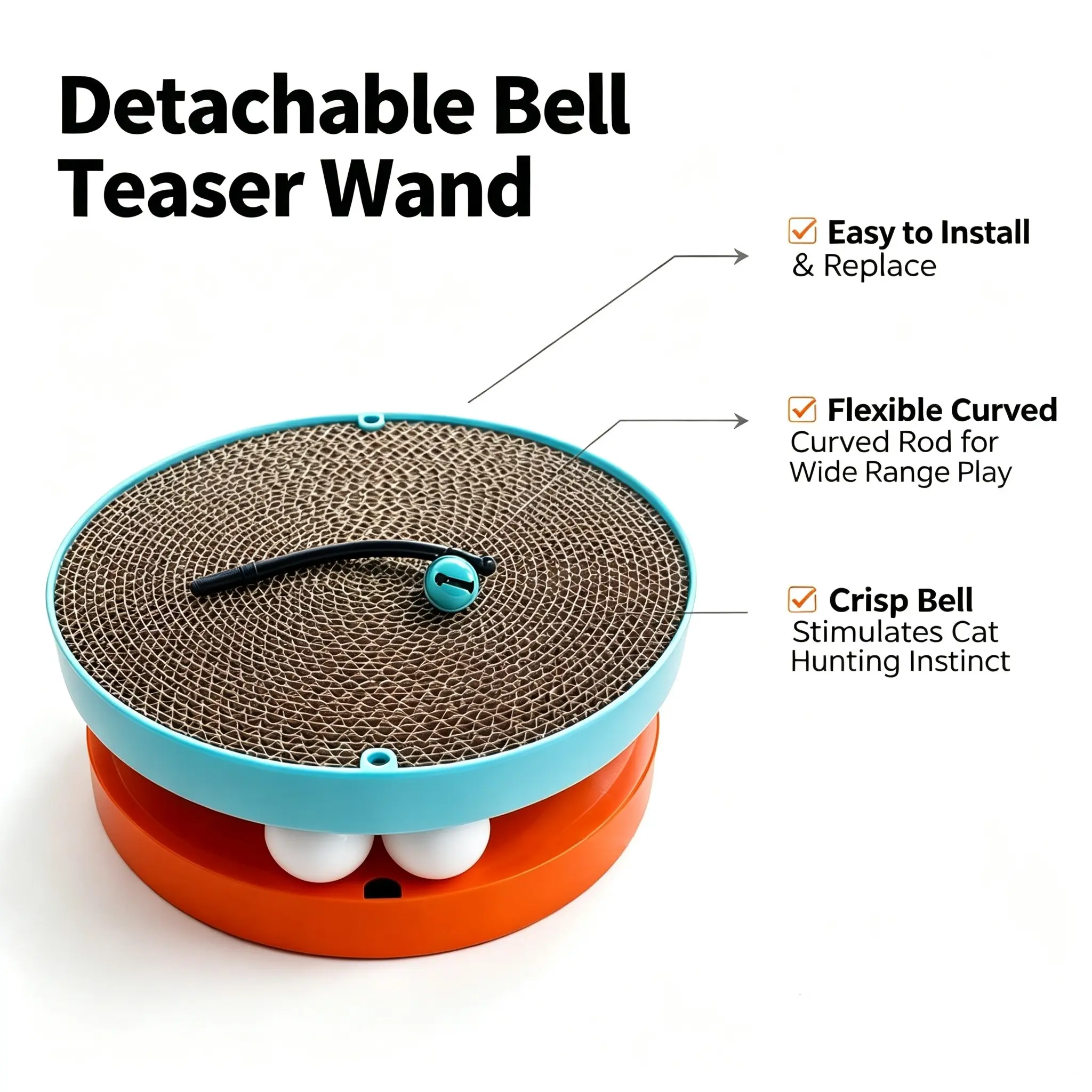 3-in-1 Round CatScratcher Toy, Replaceable Corrugated Cardboard Scratch Pad with Rolling Ball Track & Detachable Bell Wand, Multi-functional Interactive Enrichment Toy for Kittens Adult Cats Indoor Play