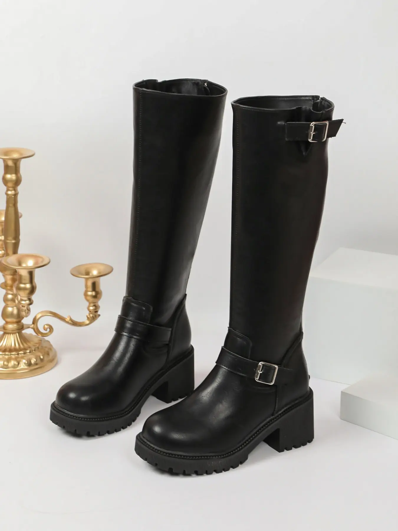 Women Knee High Riding Boots Black Brown Faux Leather Double Buckle Side Zipper Chunky Heel Trendy Fall Winter Footwear Daily Outfit Boots Multi Sizes