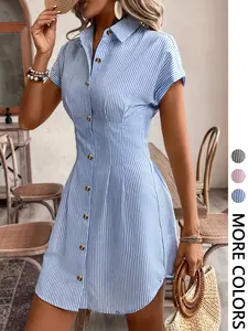1 Piece Striped Collared Waist-Cinched Shirt Dress, Daily Commuter Versatile Single-Breasted A-Line Dress