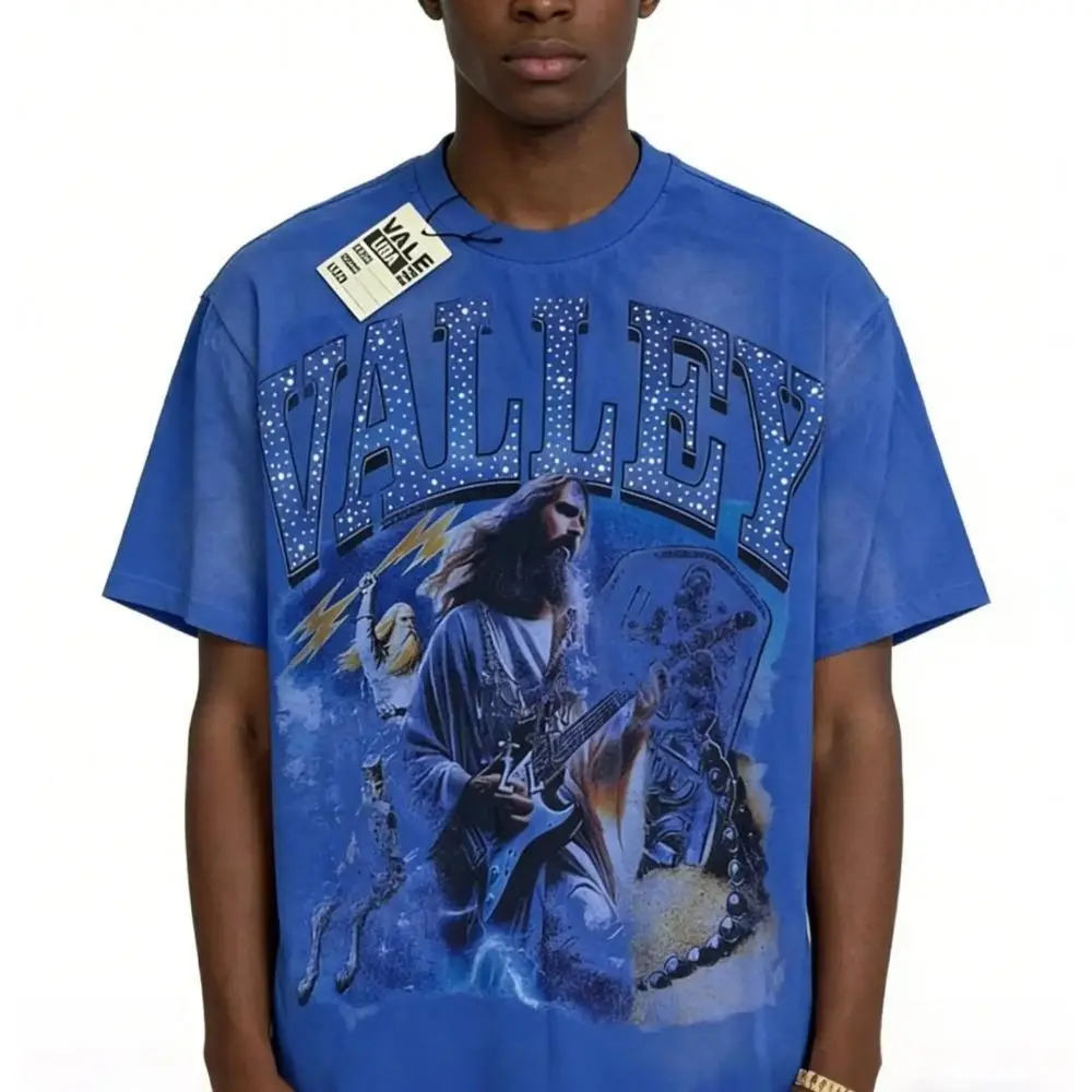 VVALLEY Men's Oversized Hot Drill Rhinestone Letter T-Shirt - Vintage Blue Short-Sleeve Cotton Fabric Top, Menswear Streetwear Bling Graphic Summer Outfit,  Father's Day  Use, Shortsleeve