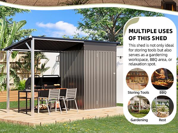 AECOJOY Outdoor Open-Sided Storage Shed 3x5/8x4 Sheds & Outdoor Storage with 15/56 Sq. Ft Covered Tool Shed with Attached Hardtop Metal Pergola Gazebo shed Lockable Door Two Hinges Solid Internal Structure Modern Design Organization Patio