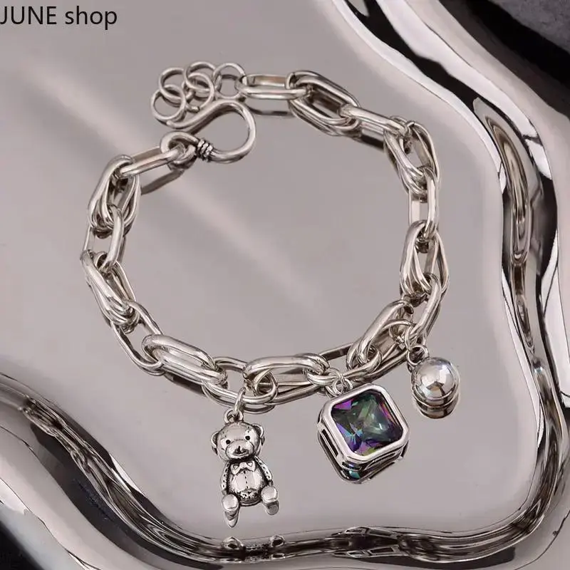 Elegant 925 Sterling Silver Bear Charm Bracelet with Shiny Crystals – New Design Jewelry for Women, Ideal Gift for Her, Perfect for Celebrations or Everyday Style.