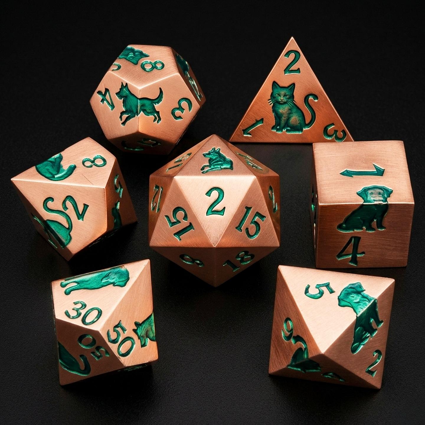 Metal Cat Dog Carved D&d Dice Set, 7-Piece Sharp Corner Polyhedral Rpg Tabletop Dice, Dragon & Dungeon Collectible Dice