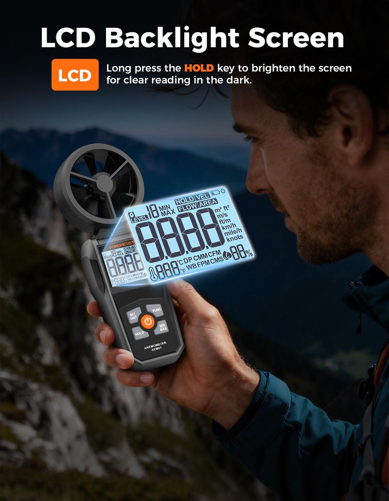 POROMETISTO AEM01 Digital Anemometer 0.8~40m/s Wind Speed Meter Handheld Humidity Air Velocity Airflow -20~60°C Temperature Test POROMETISTO AEM01 Digital Anemometer 0.8~40m/s Wind Speed Meter Handheld Humidity Air Velocity Airflow -20~60°C Temperature Test