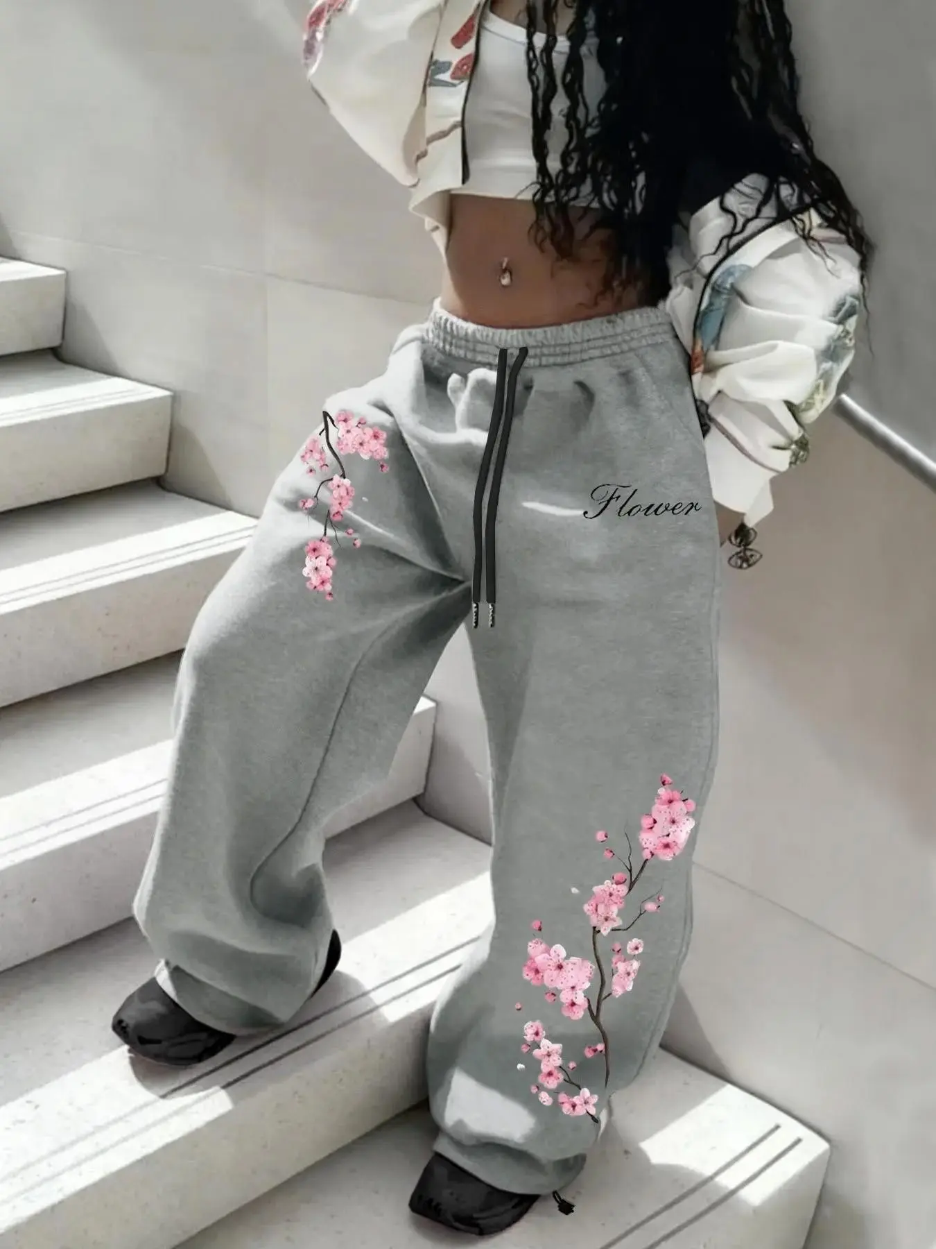Women's Casual Cherry Blossom Print Sweatpants, Drawstring Loose-Fit Straight Leg Sporty Long Pants, All Seasons Comfortable Trousers