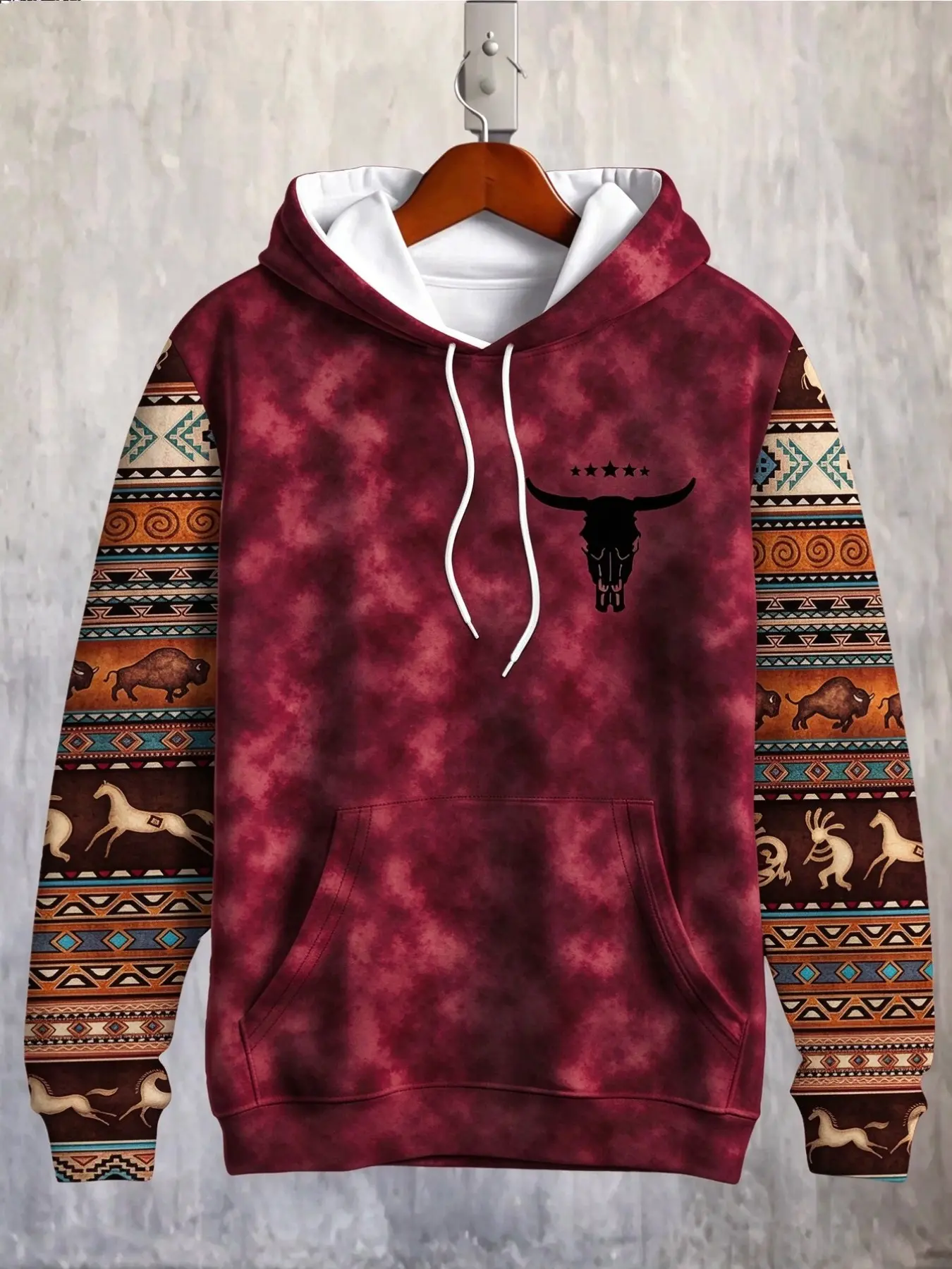 Vintage Southwest Longhorn Skull Hoodie, Ethnic Geometric Print Sleeve Pullover, Unique Design, Perfect for Casual Wear