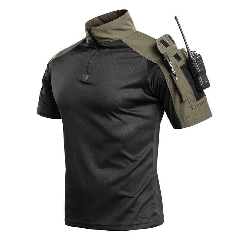 Men's Tactical Short Sleeve T-Shirt, 1/4 Zip Combat Shirt with Arm Pockets, Breathable Quick Dry Military Top for Hiking, Hunting & Outdoor