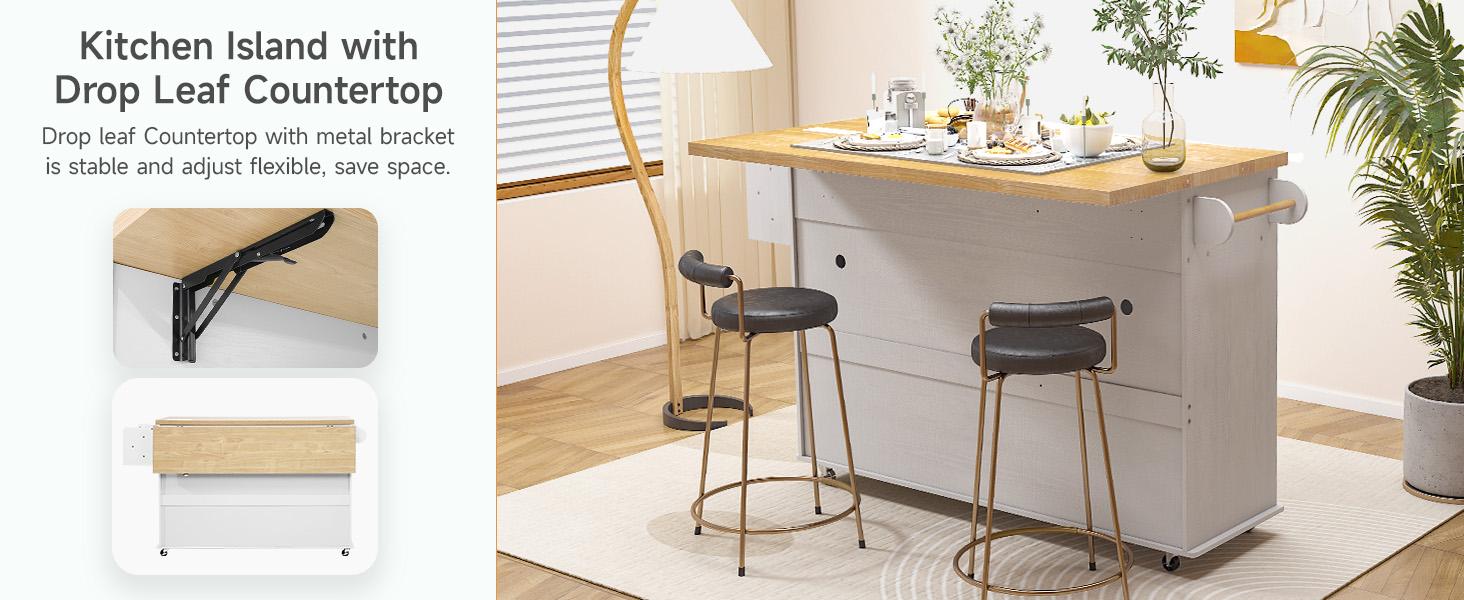 【SPOTLIGHT DAY】ONBRILL 60" Kitchen Island with Power Outlet & Drop Leaf, Kitchen Rolling Island with Spice Rack & Towel Rack, Knife Holder, Kitchen Island Cart with Trash Storage Cabinet, Mobile Island Table for Kitchen