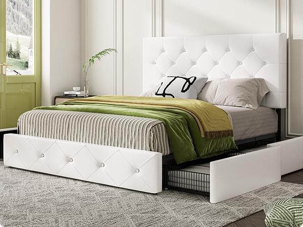 MUTICOR Storage Bed frame with 4 Drawers【Frame Only No Mattress】Upholstered Platform Bed with Button Tufted Adjustable Headboard,No Box Spring Needed，Full/King/Queen Bed Frame #TikTokShopBlackFriday #ChristmasGifts