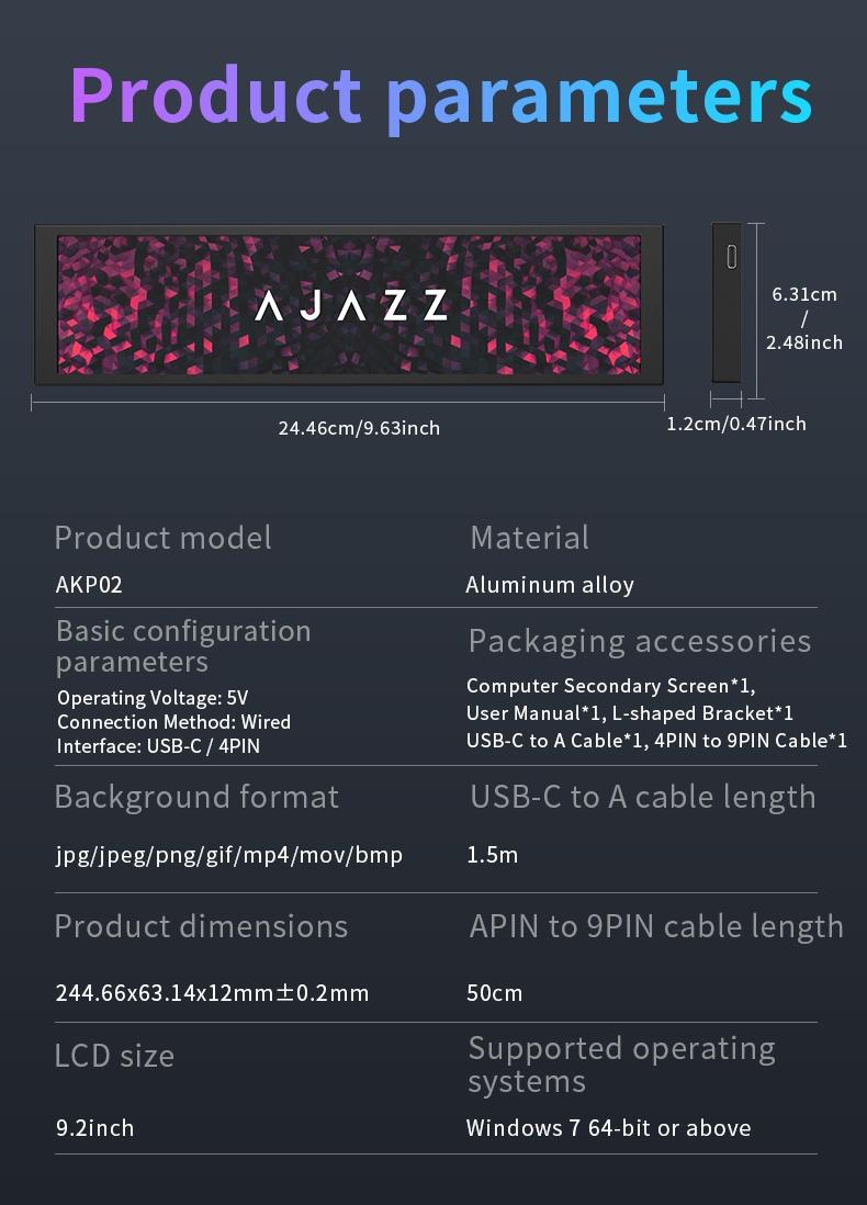 AKP02 DIY computer secondary screen 9.2-inch USB interface AJAZZ computer display screen does not occupy graphics card resources, visualizes themes, edits dynamic backgrounds, computer office assistant desktop artifact, suitable for multiple scenarios