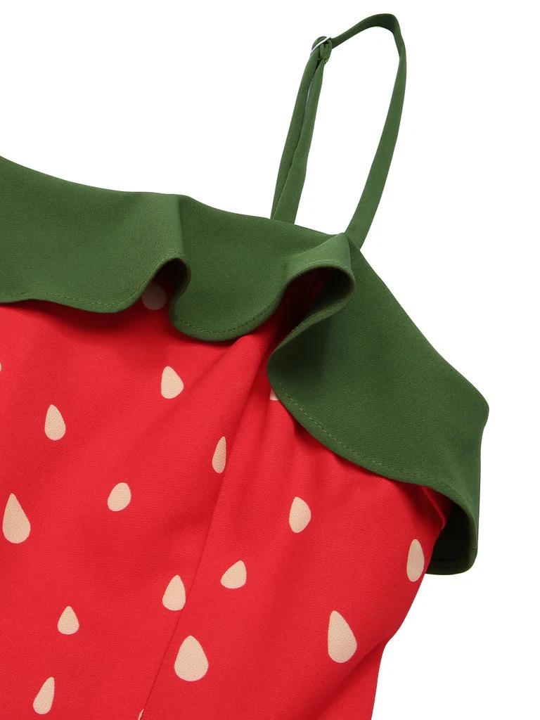 Plus Size Cute Strawberry Dress Aesthetic Summer Look with Bow and Ruffle Trim Sleeveless Vintage Style Retro Stage Boho Bohemian Casual Casual Wear