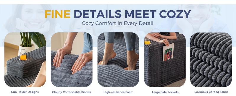 【2 Packages Shipping】MAXYOYO 104" Plush Corduroy Cloud Velvet Modular Boneless Couch with Chaise & Ottoman, No Assembly Required - U-Shaped Sectional Sofa Set with Flexible Configuration,  Oversized Sofa Sleeper with Deep Seat