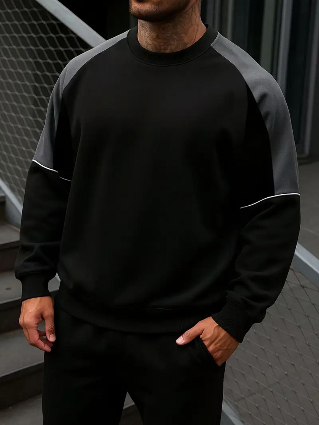 Men's Solid Color Patchwork Crew Neck Long Sleeve Knit Fitted Casual Top, Comfortable Fashion Design, Perfect for Spring & Fall Seasons