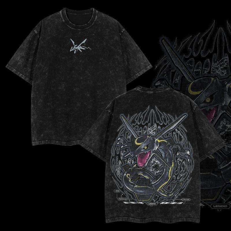 Rayquaza Vintage Acid Washed Oversized T-Shirt, Heavyweight Cotton Anime Manga Graphic Tee for Men & Women, Retro 90s Streetwear Shirt, Casual Short Sleeve Top, Trendy Unisex Anime Outfit, Everyday Fashion Gift for Anime Fans