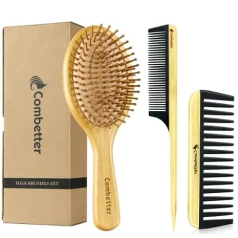 Bamboo hair comb set, massages the scalp and promotes hair growth |   Bamboo hair comb for scalp massage, anti-static and durable bakelite wide-tooth comb and pointed-tail comb – suitable for men, women, and children: beauty and personal care