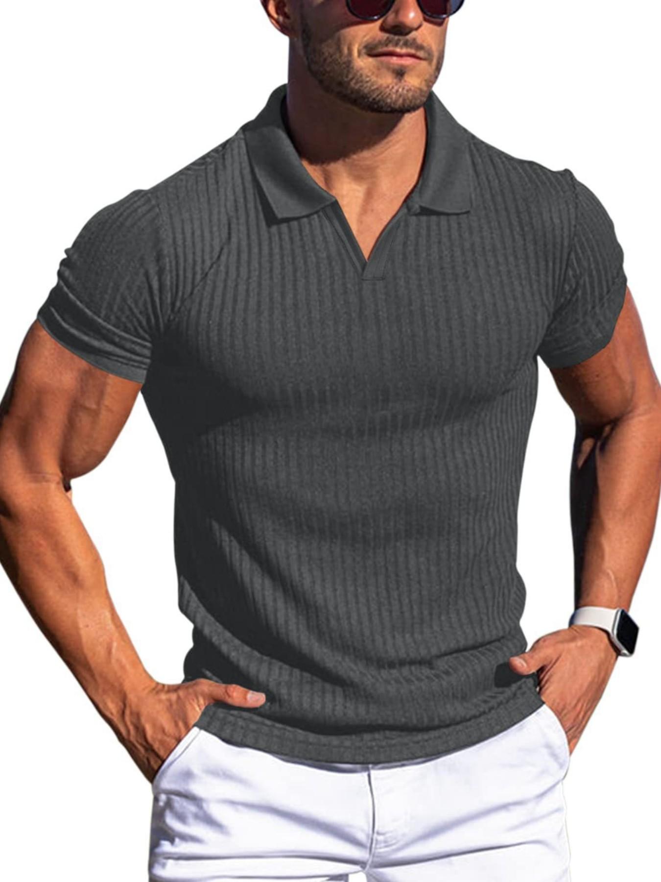 Men's Ribbed Knit V-Neck Polo Shirt, Casual Short Sleeve Top, Ideal for Golf, Office, Daily Wear, Comfortable and Stylish