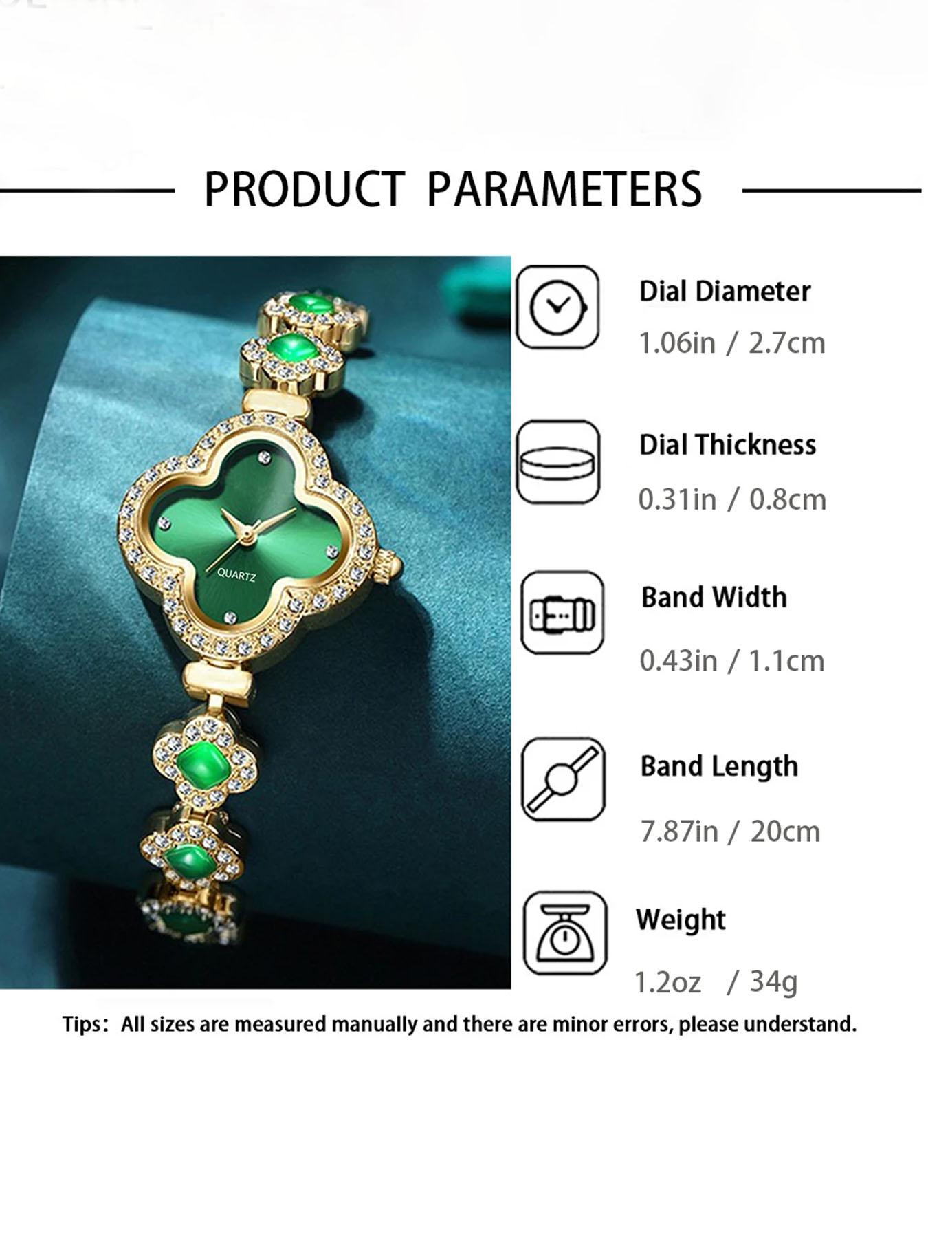 2-Piece Fashion Clover Bracelet Quartz Watch Emerald Women's Watch