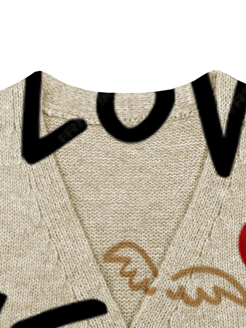 Heart Letter Colorblock Open Front Button Knit Sweater Vest, Casual Sleeveless Cardigan for Spring Summer Fall, Women's Comfortable Warm Clothing