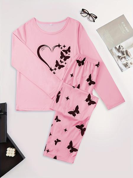 Silky Fiber Pajama Set, 95% Polyester & 5% Elastane Blend, Short Sleeve Round Neck Shorts, Heart Butterfly Patterns, Spring Summer Fall Wear, Loungewear