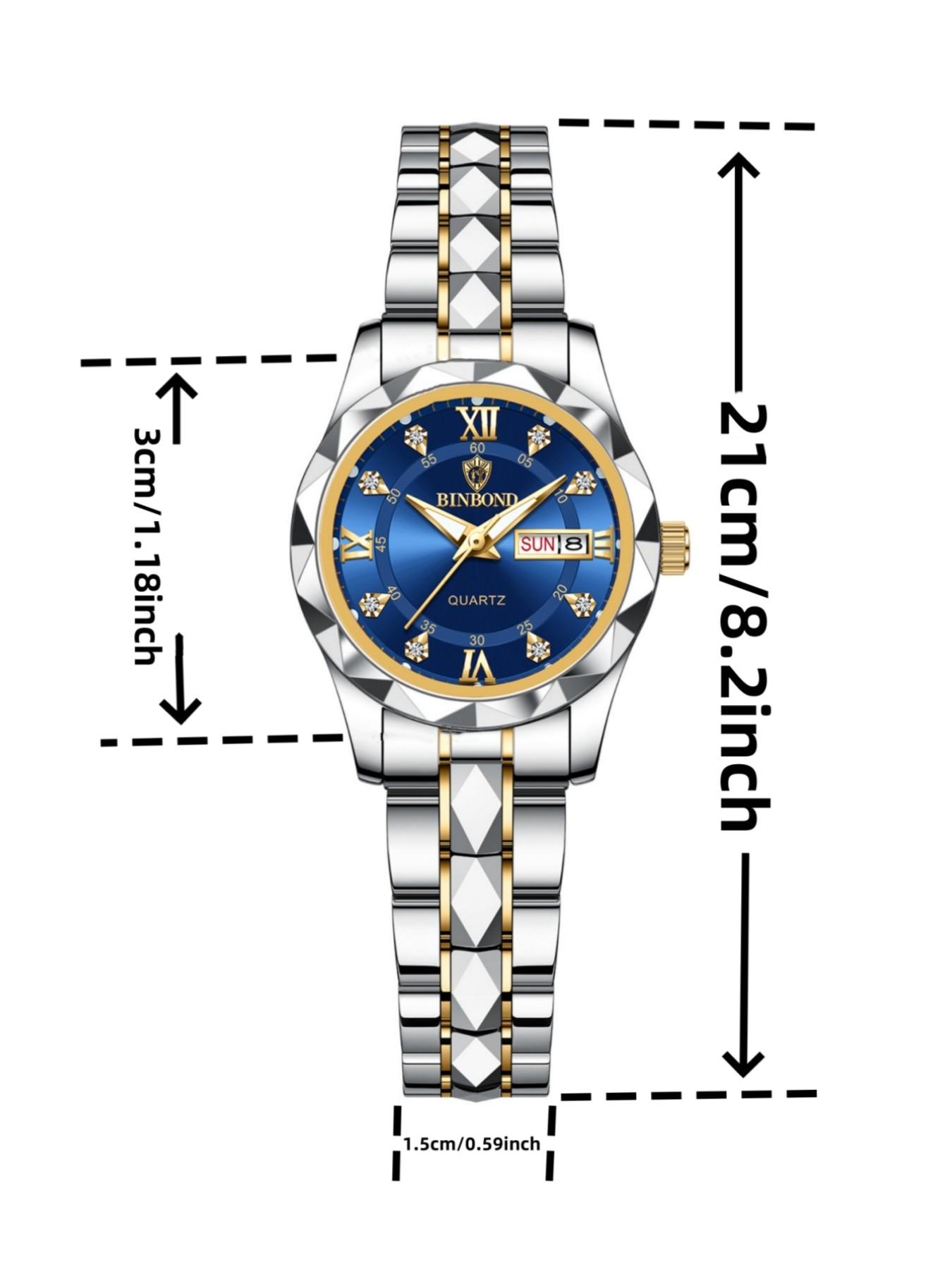 Women's Fashion Round Dial Stainless Steel Strap Quartz Watch, Rhinestone Decorated Watch, Rhinestone Embellished Watch, 30m Waterproof Watch with Calendar Function, Trendy All-match & Exquisite Watch for Birthday Gift with Box