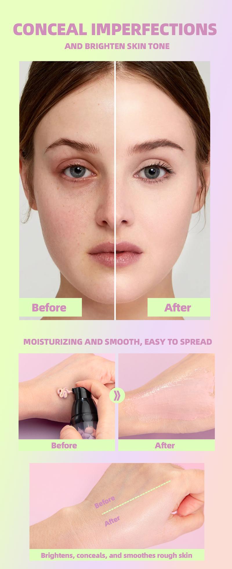 3-in-1 Color Correcting Facial Serum,Moisturizing Primer, , SPF 50 PA++ +Brightening Primer for Even Skin Tone, OilControl & Refreshing, Purple, Pink & GreenTones