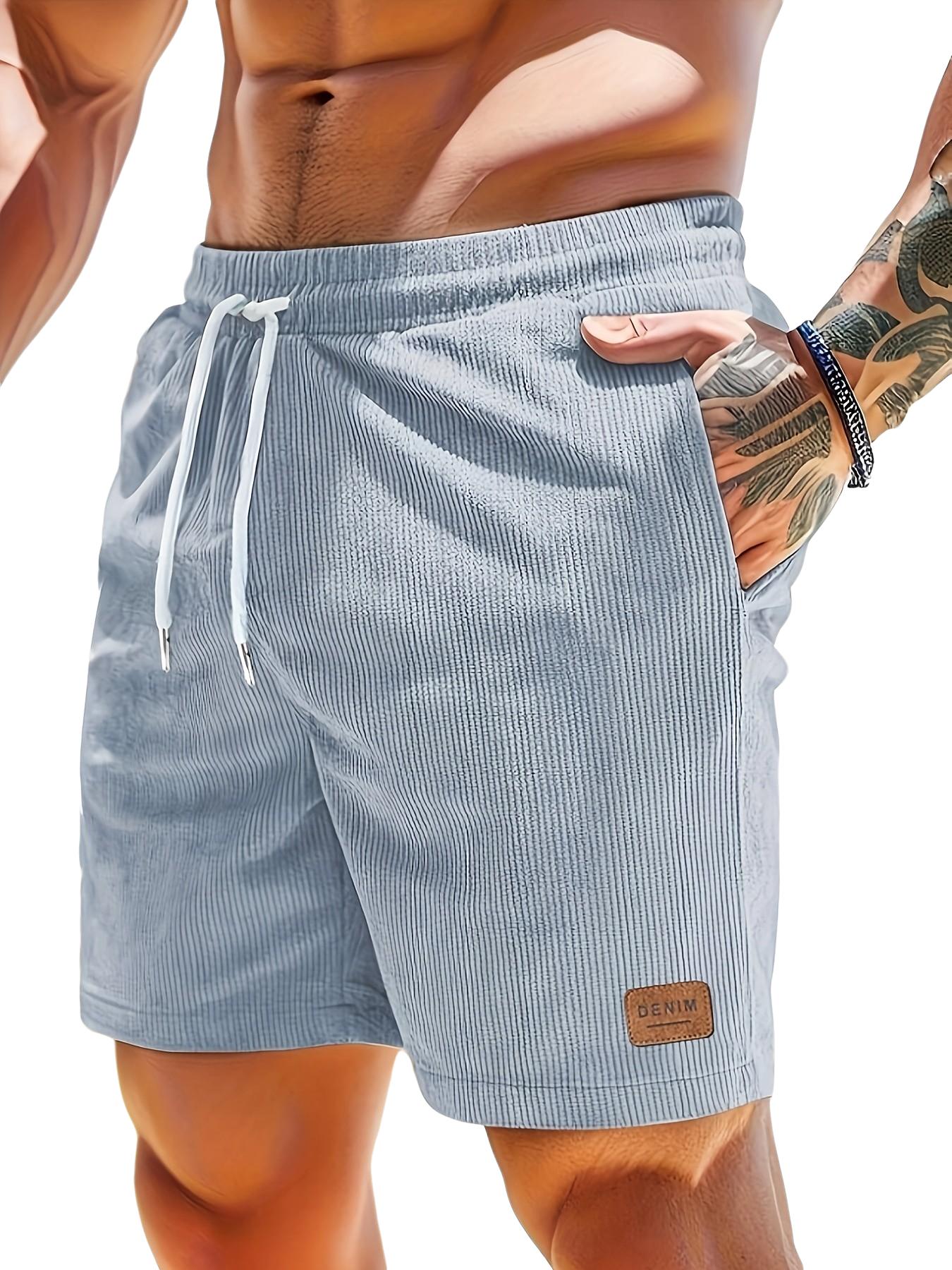 Men's Solid Color Vintage Corduroy Striped Shorts, Drawstring, Pocket, Letter Leather Label, Lightweight Comfortable Gym Shorts, Summer Fitness, Outdoor, Beach Vacation