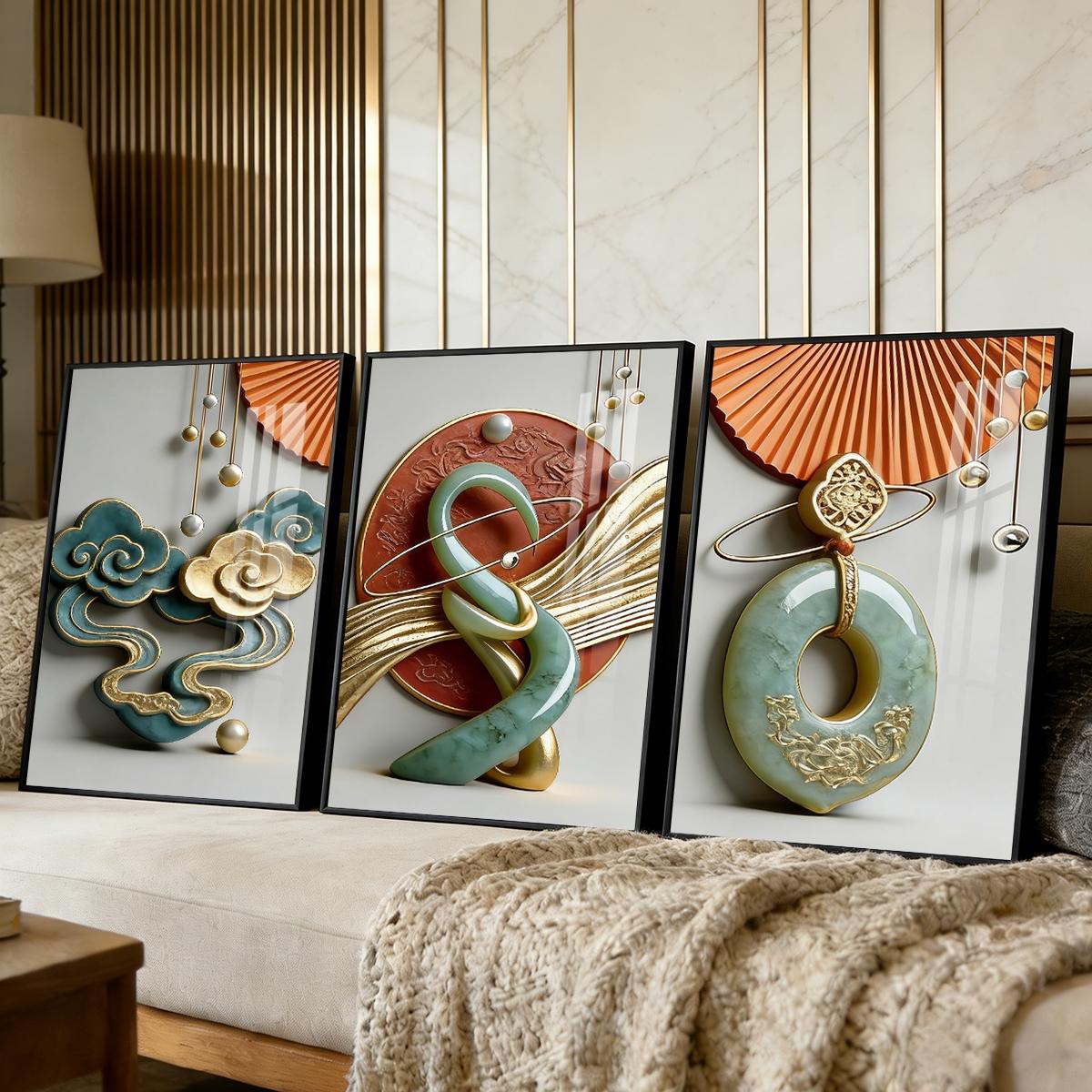 3 Counts Aluminum Alloy Framed Painting, Abstract Jade And Gold Art Sculpture Pictures, Home Decoration For Living Room, Bedroom, Office, Restaurant, Hallway Wall Decor, Odorless Print Artwork, Luxury Perfect Gift For Friends And Family