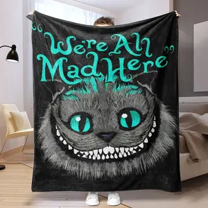 Alice Mad Hatter Cat Fun Theme Fleece Blanket, 100% Polyester Digital Print Soft Comfortable Cozy Throw Blanket for Travel & Gifts