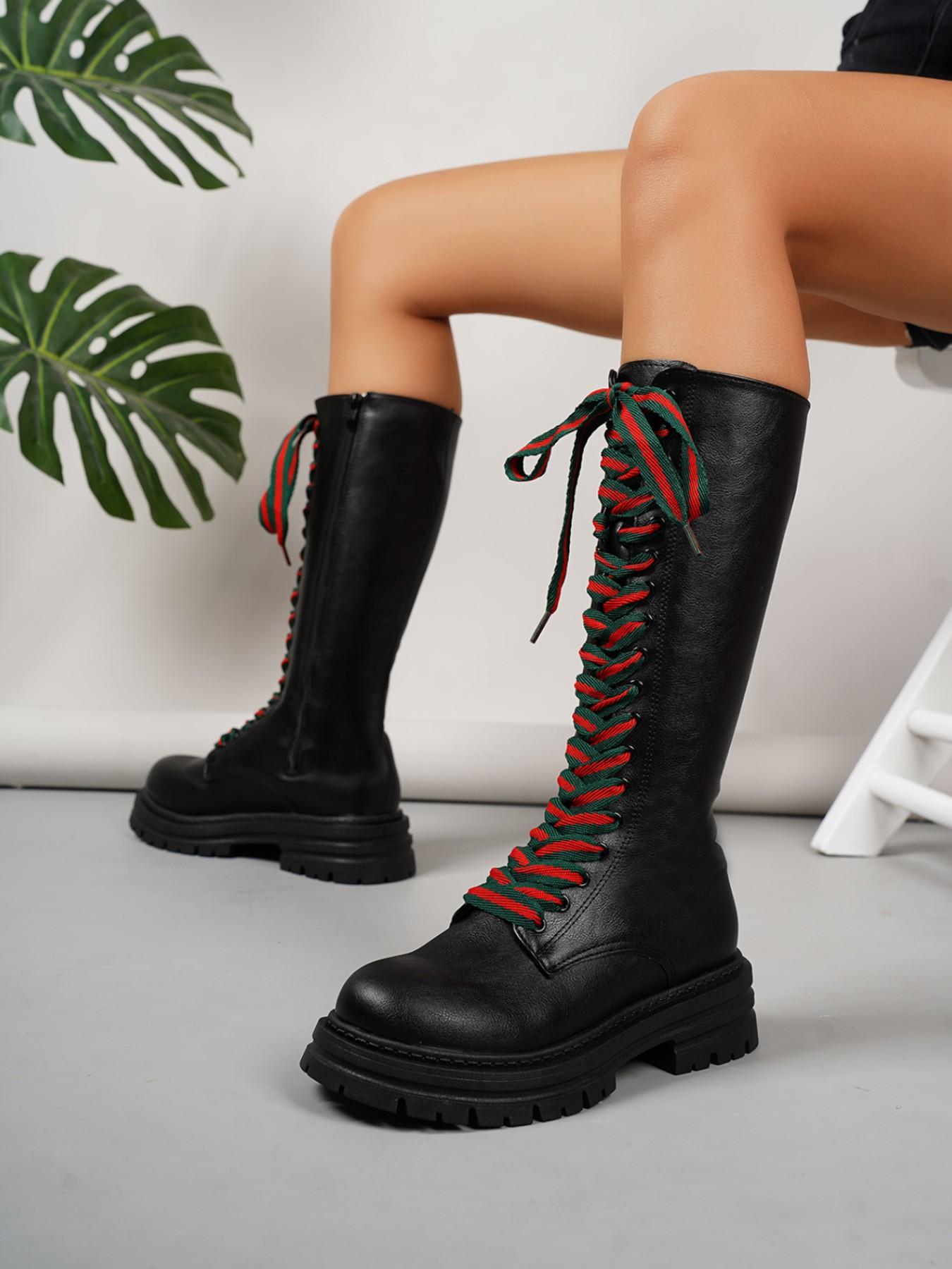 Women's Patchwork Strap Thick Sole High Top Boots, Sweet Cool Punk Style Knight Long Boots, Winter Fashion Footwear