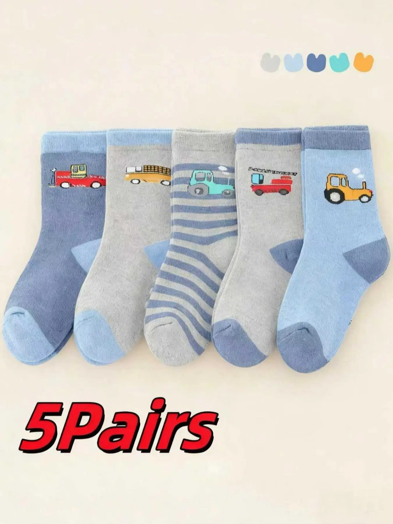 5 Pairs Kids Socks, Thick Warm Winter Socks, Car Print Mid-Calf Socks, Fuzzy Plush Crew Socks, Suitable for Ages 1-12 Years