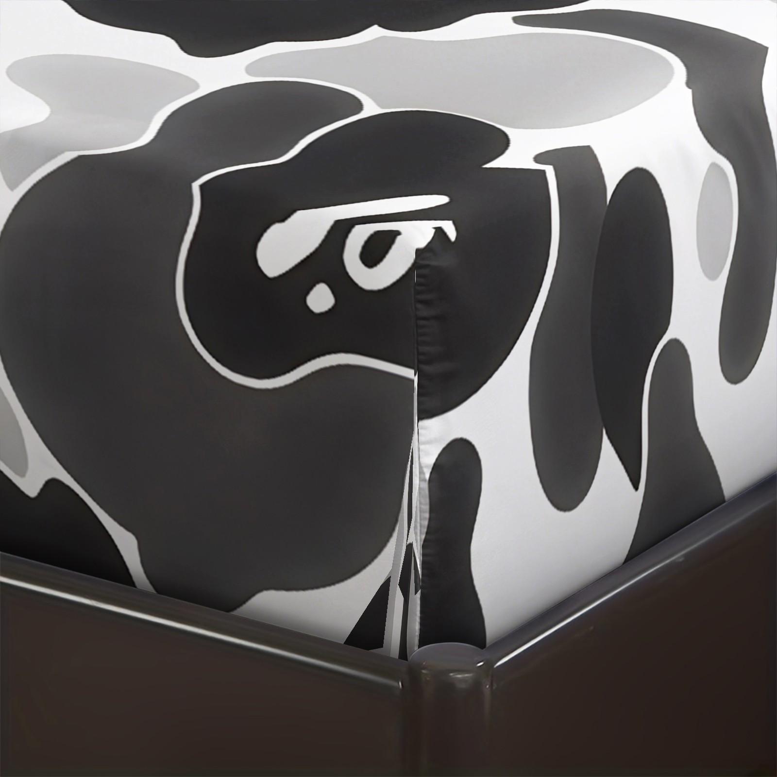 Black-White Camouflage Fitted Sheet Set & 2 Pillowcases No Core, Low-Saturation Camo & Iconic Ape Head Logo, Soft Anti-Slip Wrinkle Resistant, Industrial Hip Hop Style Bedroom Decor, Gift for Fans