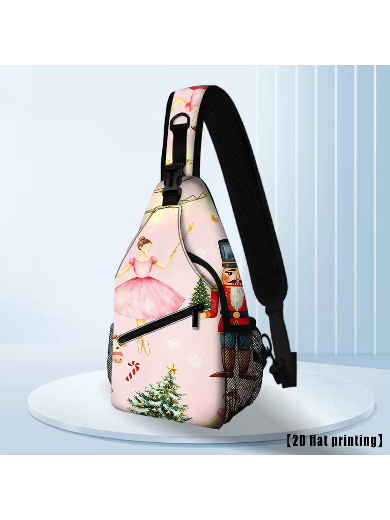 Pink Nutcracker Ballerina Christmas Print Sling Backpack, Lightweight Crossbody Chest Bag with Water Bottle Pocket, Perfect Christmas Gift for Women Holiday Outdoor Daily Use