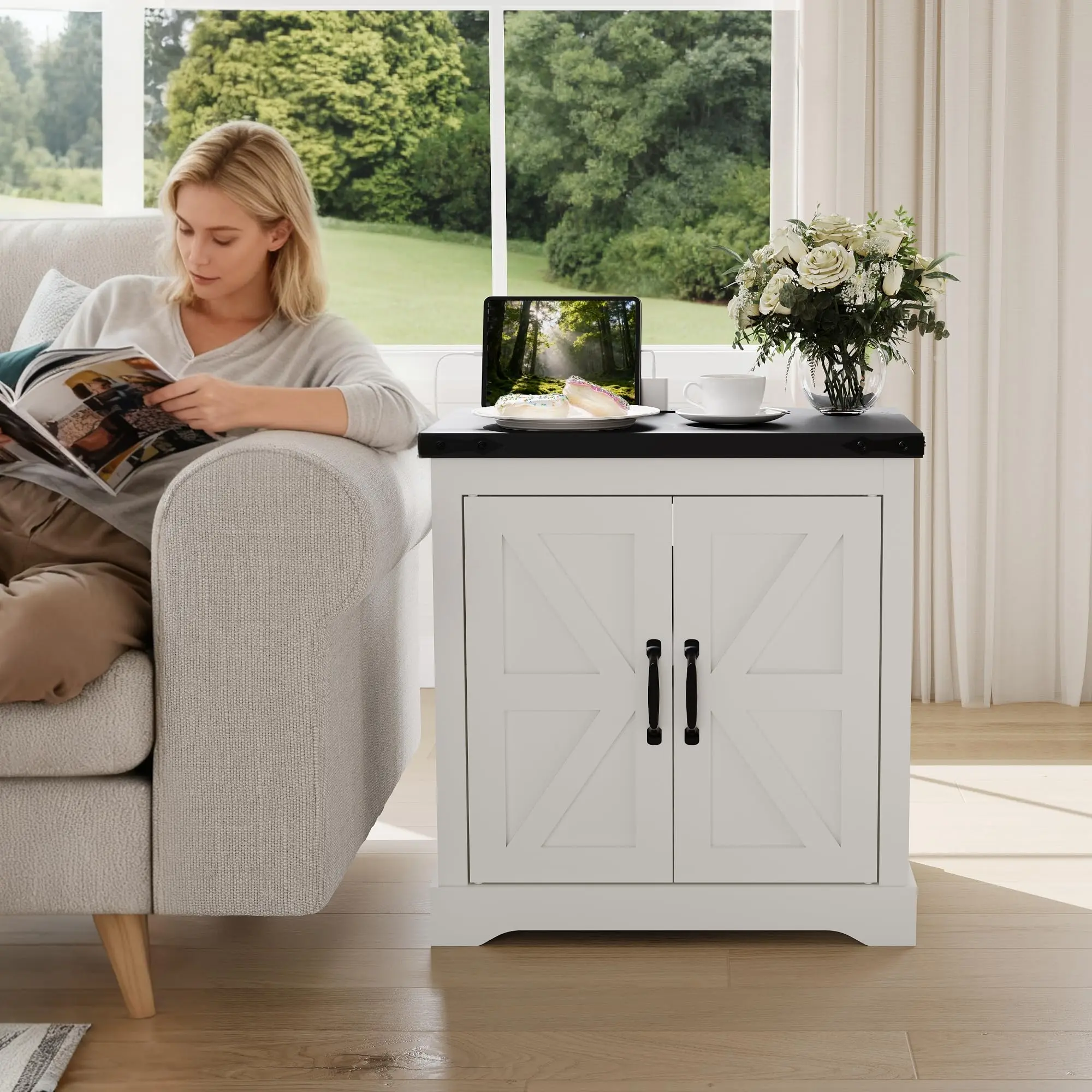 Farmhouse Bedside Table with USB Charging Station – Sliding Barn Door, Large Storage Cabinet – Rustic Bedside Table for Bedroom or Living Room