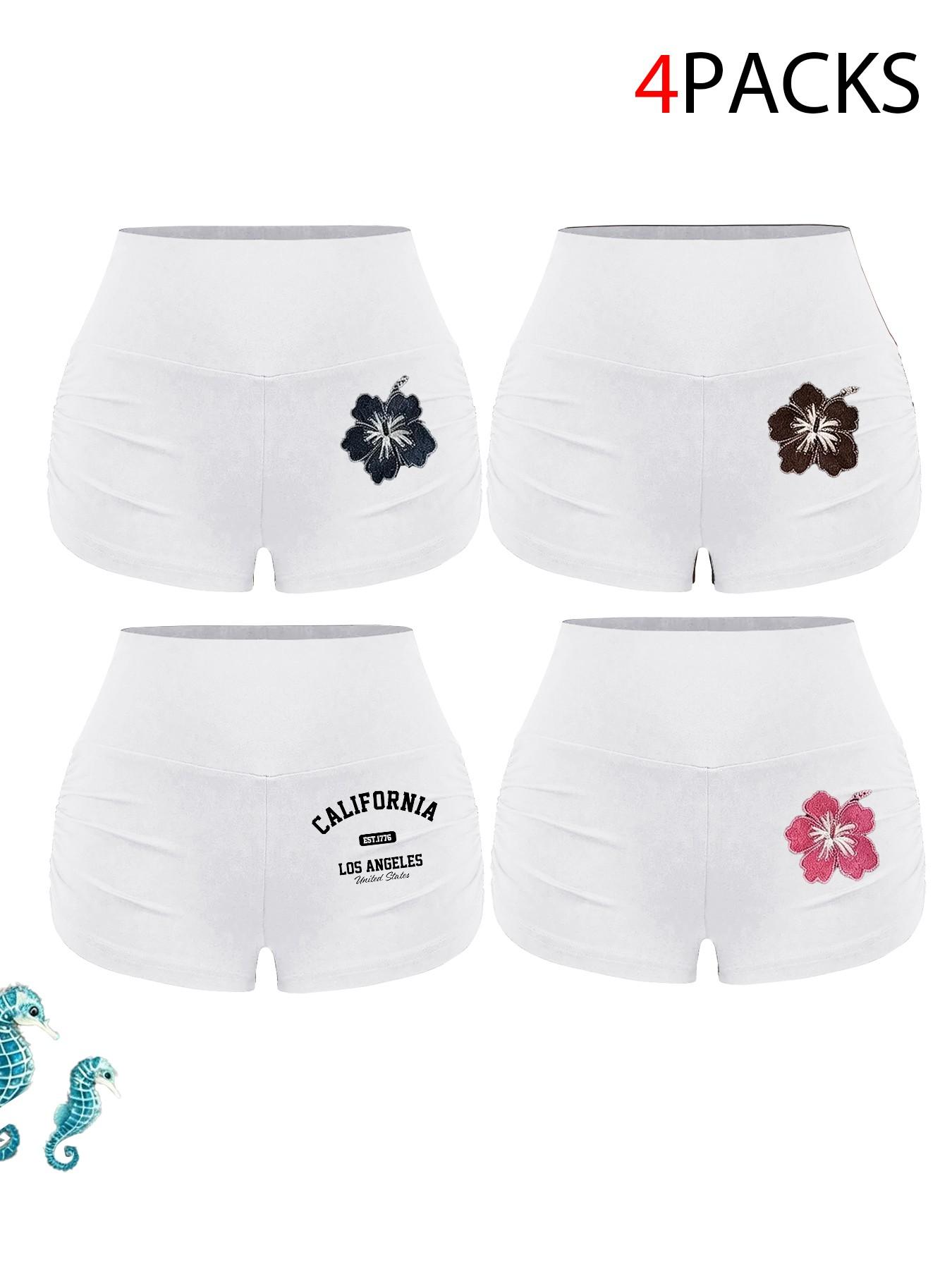 Women's 4-Piece High-Waisted Ruched Shorts Set, Stretchy Fabric, Floral & Letter Prints, Beach & Pool Wear, Casual Summer, Casual Festival Shorts
