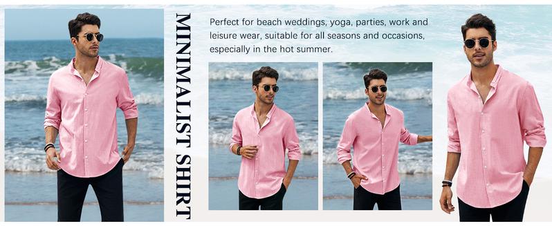 “Valentine's Day gifts” Runcati Men's Linen Shirt Button Down Long Sleeve Cotton Beach Band Collar Casual Summer Shirts