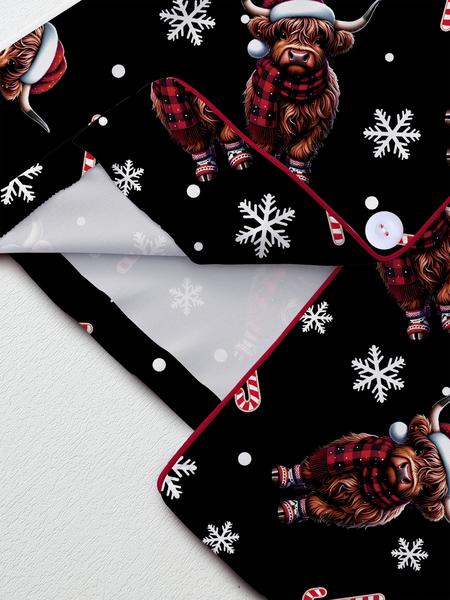 Women's Highland Cow Christmas Pajamas Set, Winter Thermal Long Sleeve Loungewear, Elastic Waist Pants, Black Soft & Cute Outdoor Christmas Costume, with Christmas Animal Hat, Tree, Snowflake, Candy Prints, Christmas Gift