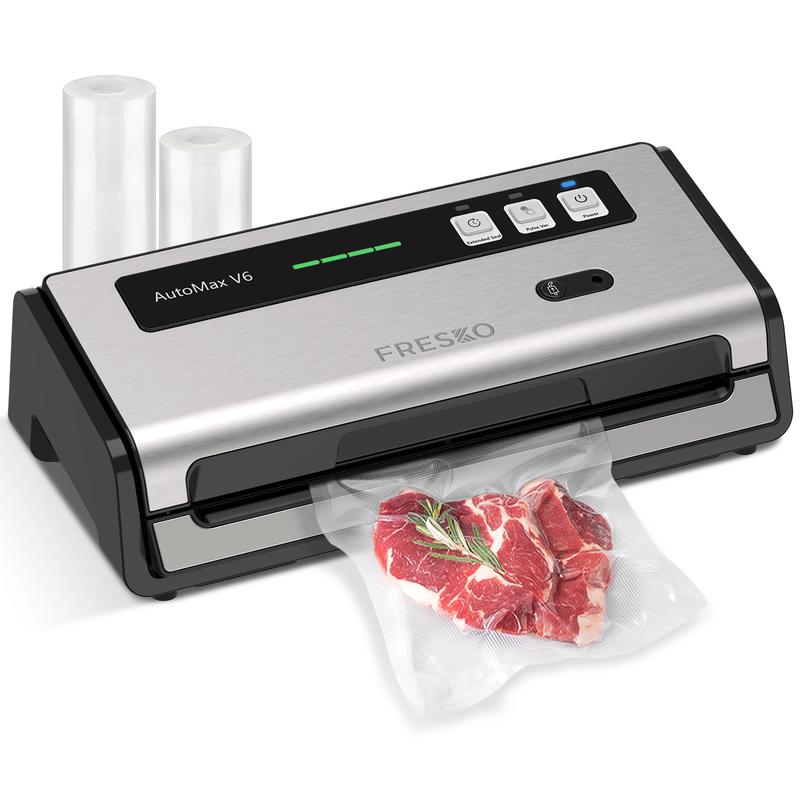 FRESKO AutoMax V6 Automatic Vacuum Sealer Machine, Double Heat Seal Food Saver with Built-in Cutter & Bag Storage, Includes Bags & Rolls