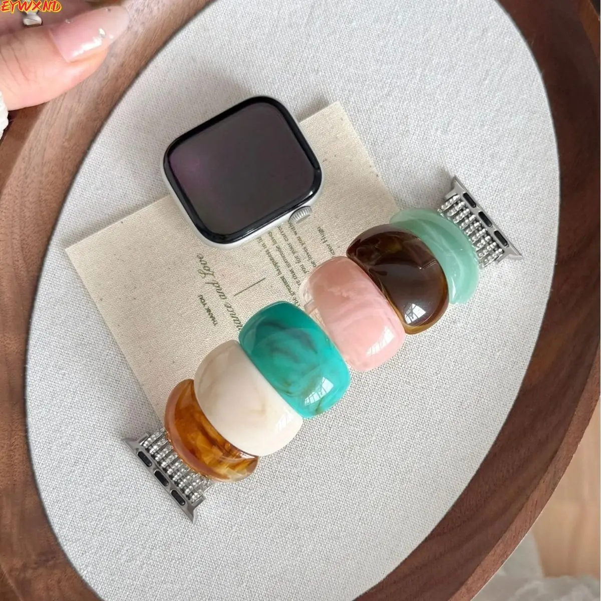 Marble Resin Beaded Watch Band for Apple Watch, Curved Chunky Marble Acrylic Links with Silver Metal Connector, Vintage Cloud Swirl Marble Bracelet Strap, Elegant Boho Wristband for Women