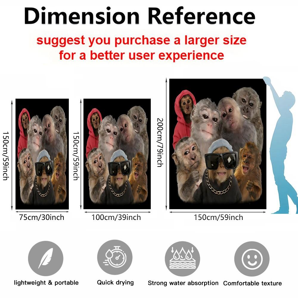 Trending Fun Monkey Adult Beach Towel, Trendy Cool Print Design, Lightweight Quick-Dry Towel, Suitable for Poolside, Vacation, Travel, and Outdoor Summer Use, Lightweight, Quick-Drying