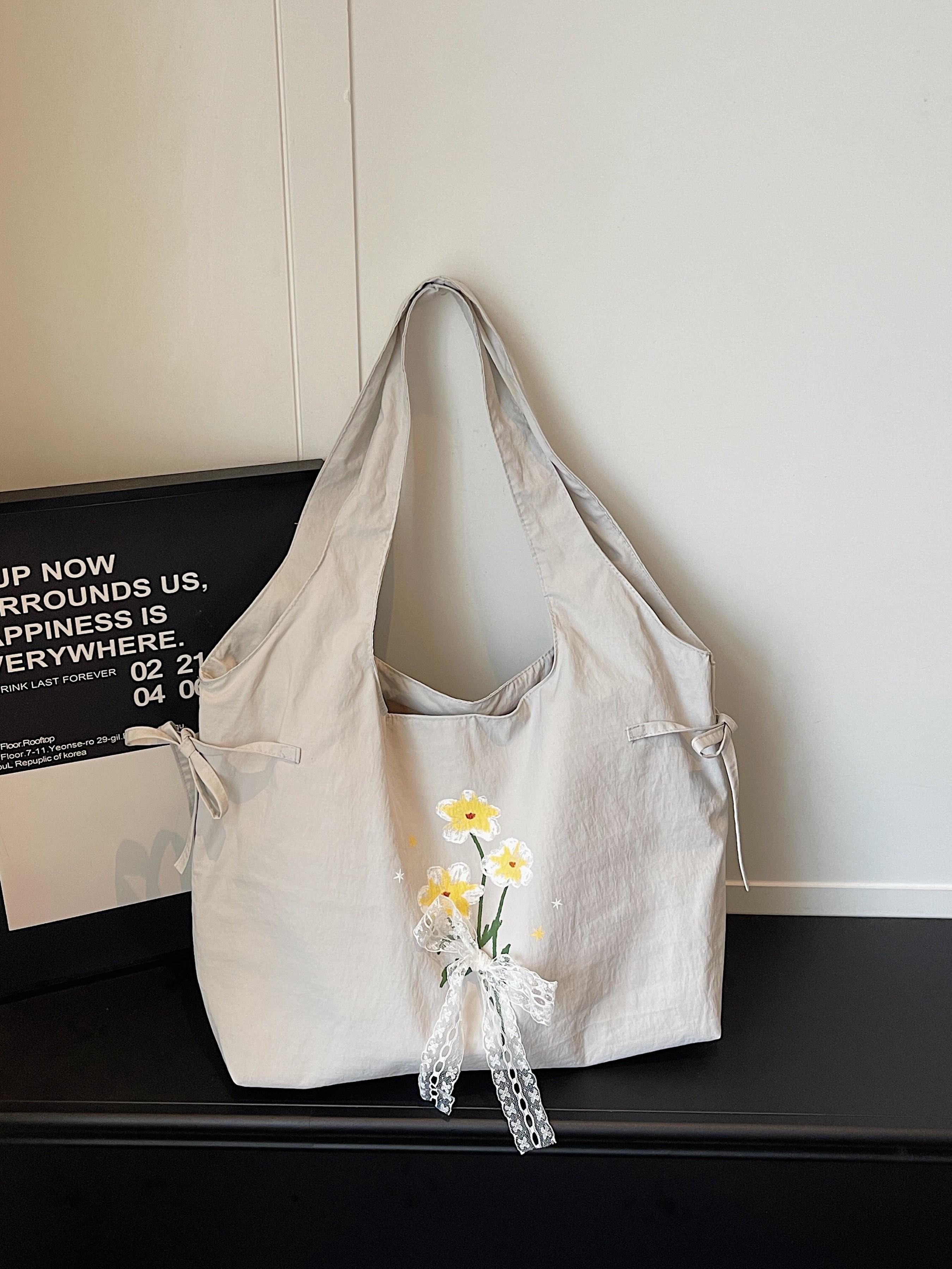 Lightweight Nylon Tote Bag, Floral Butterfly Knot Design, Casual Sweet Shoulder Bag, Ideal for Shopping and Daily Use, Perfect for Students