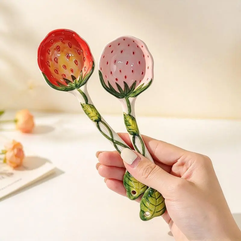 2-Piece Flower Shaped Spoons - Vintage Ceramic Dessert Spoons with Plant Handle Design, Cute Aesthetic for Coffee, Tea & Gift