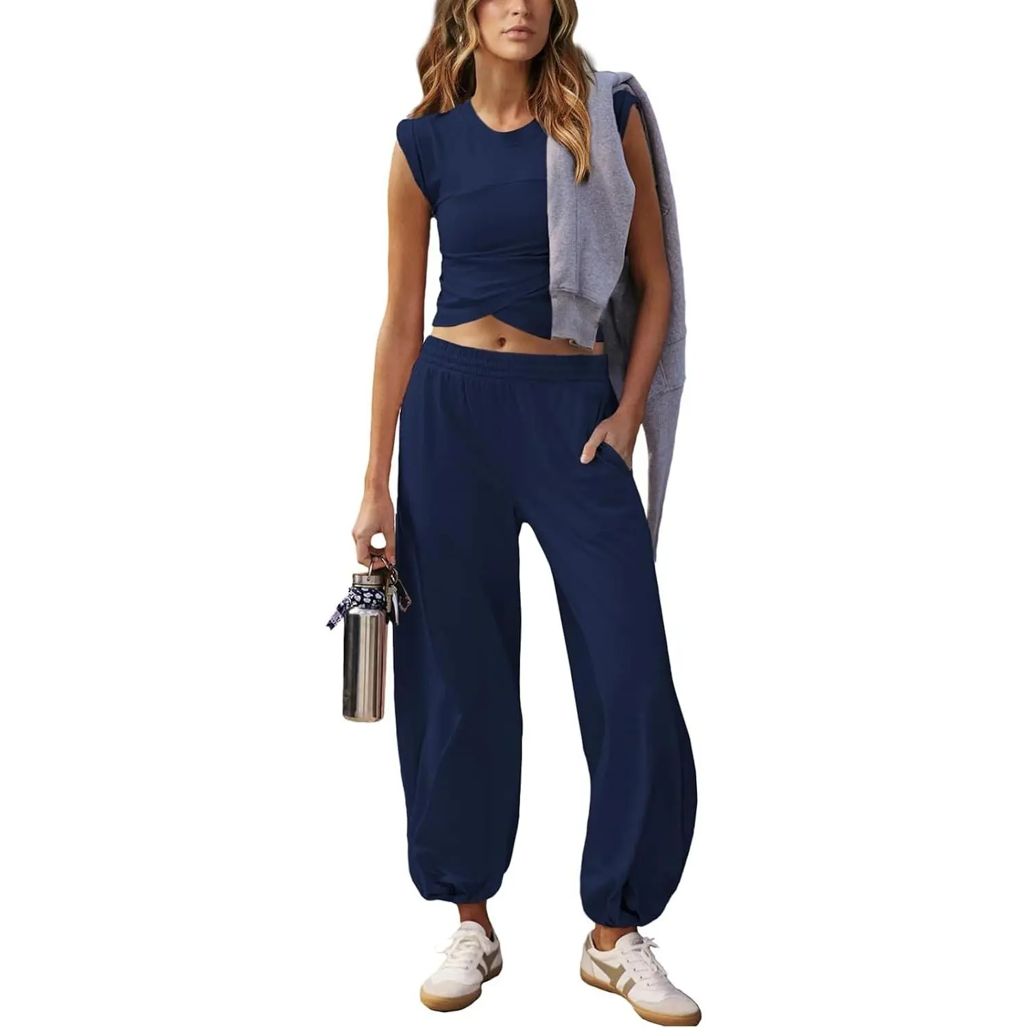 Women's 2-Piece Cute Fashion Streetwear Loungewear Set - Cropped Top, Jogger Sweatpants with Pockets, Suitable for Everyday Wear & Pajamas