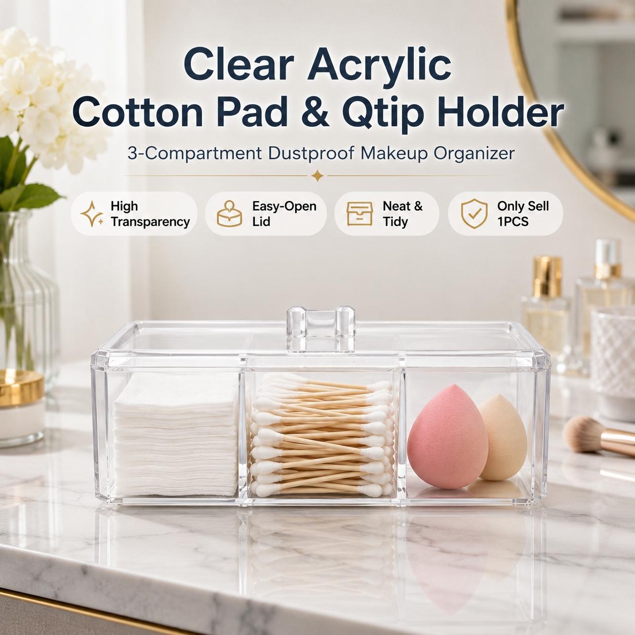 1PCS Clear Acrylic Cotton Pad & Qtip Holder with Lid, 3-Compartment Dustproof Odorless Makeup Organizer for Cotton Balls, Swabs, Beauty Sponges, Powder Puffs, Floss Picks, Bathroom Vanity, Dressing Table, Desk & Skincare Storage