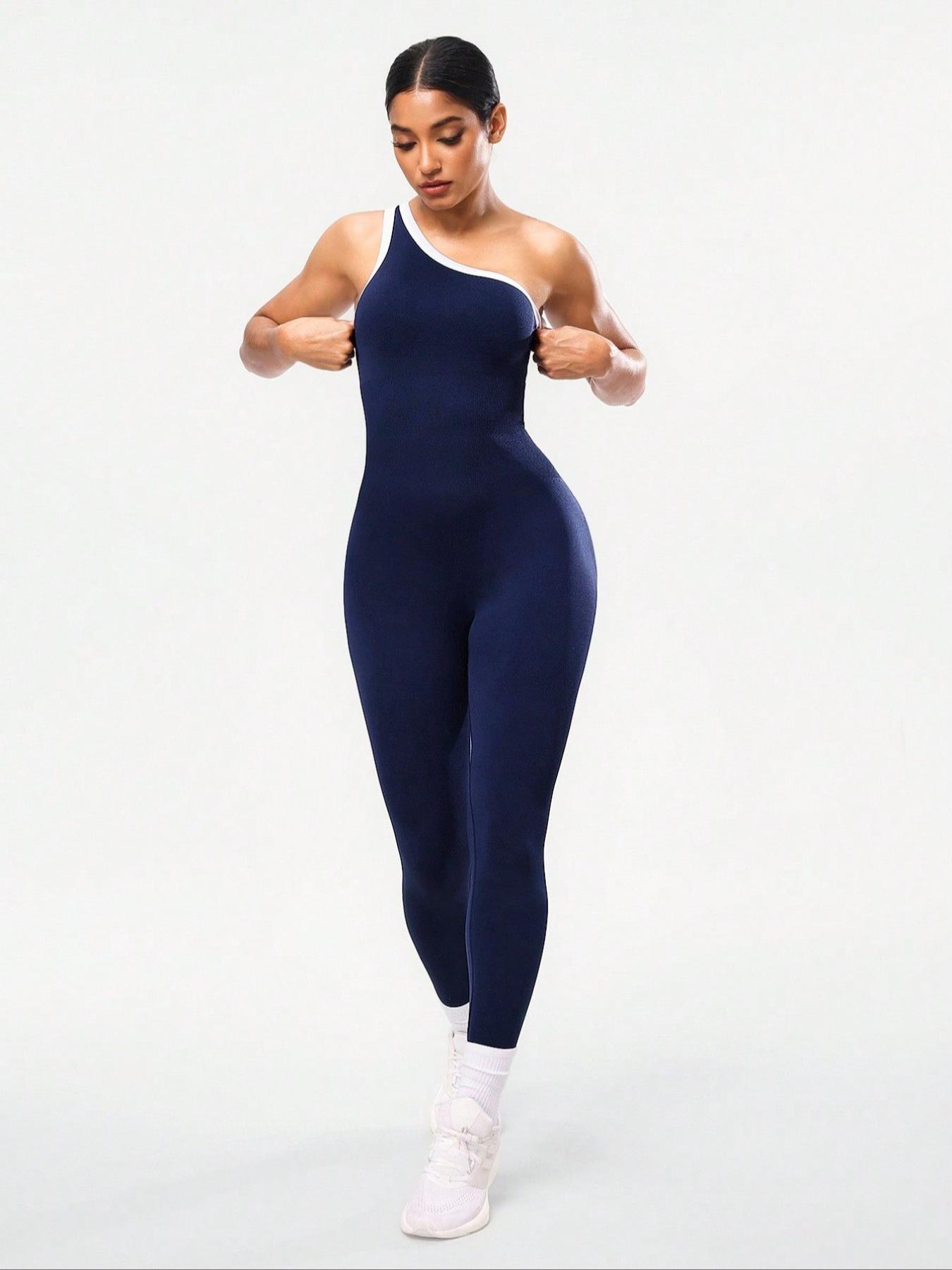 Women's Colorblock Asymmetrical Neck Knit Yoga Jumpsuit, Casual Slim-Fitting Sleeveless Jumpsuit for All Seasons, Sports Jumpsuit, Sporty Jumpsuit