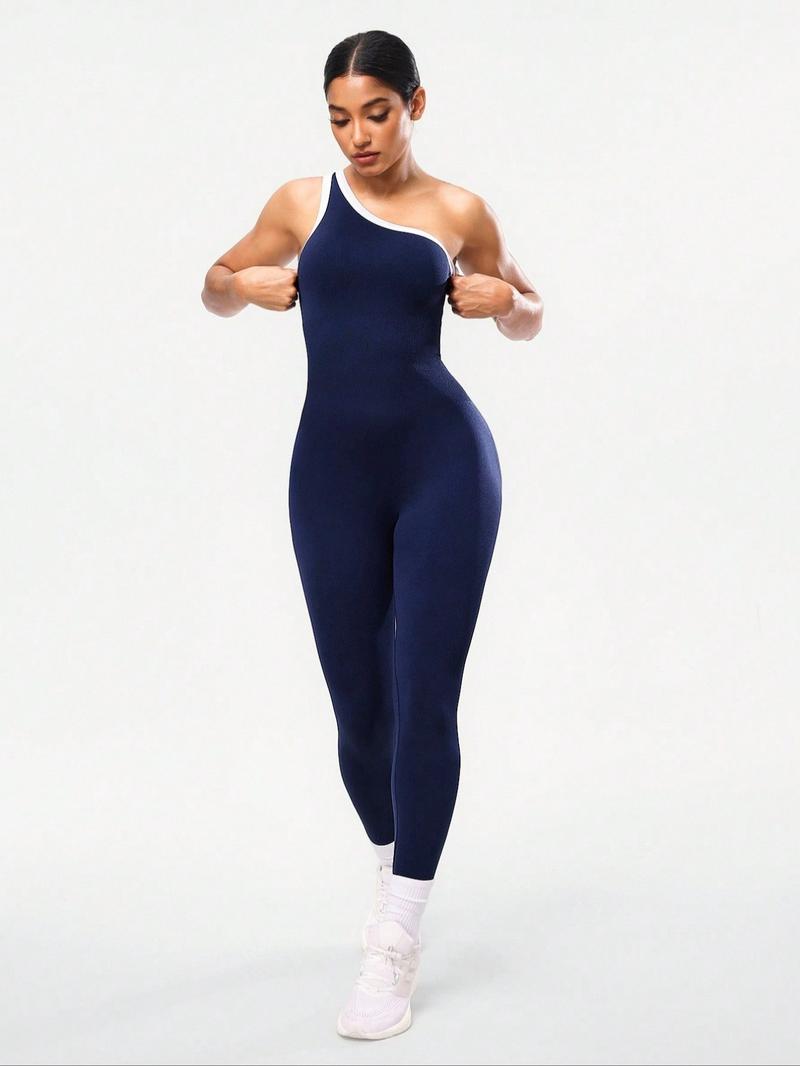 Women's Colorblock Asymmetrical Neck Knit Yoga Jumpsuit, Casual Slim-Fitting Sleeveless Jumpsuit for All Seasons, Sports Jumpsuit
