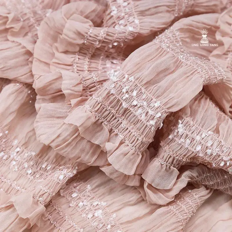 Lace Wave Embroidery Chiffon Fabric by the Meter - Lightweight, Breathable, Elegant-Looking, Good-Drape Cloth for Blouses, Cheongsam, Curtains | Fashion Accessory Decorative Fabric for DIY Sewing