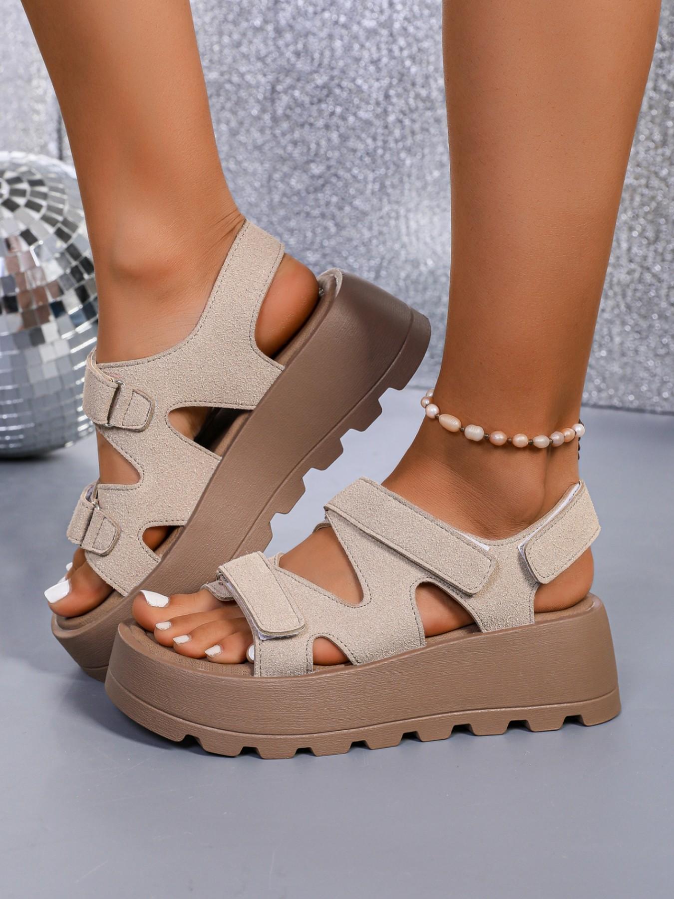 Textured Surface Dual Velcro Thick Sole Sandals, Fashionable Pu Slides, Casual Versatile Open-Toe Back Strap Platform Shoes, Comfortable and Stylish Footwear