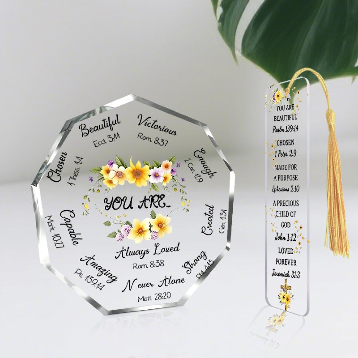 2pcs/set Christian Sunflower Scripture Octagonal Desktop Decoration + Yellow Tassel Bookmark, Fresh Watercolor Floral Style Ornament, Suitable for Desk, Church, Home ＆ Office Decoration, Warm Gift for Christians